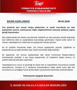 Tunceli Valiliği: Sosyal medyadaki hukuka aykırı paylaşımlarla ilgili 13 şüpheli hakkında işlem yapıldı