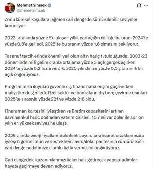 Bakan Şimşek: Cari dengede sürdürülebilir seviyeler korunuyor