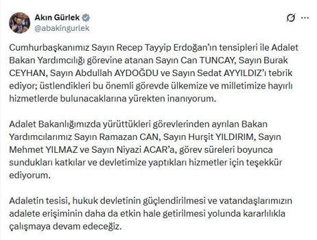 Bakan Gürlek, Adalet Bakanlığı Bakan Yardımcılığına atananları tebrik etti