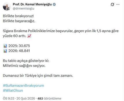 Bakan Memişoğlu: Sigara Bırakma Polikliniklerine yapılan başvurular yüzde 60 arttı