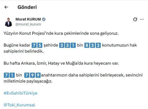 Bakan Kurum: Bu hafta kurayla 71 bin 799 anahtarımızın daha sahiplerini belirleyeceğiz