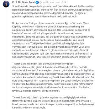 Bakan Bolat: Türkiye-İran arasında günübirlik yolcu geçişleri karşılıklı olarak durduruldu