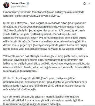 Cevdet Yılmaz: Yıllık enflasyonun artış göstermesi, mevsim koşulları kaynaklı