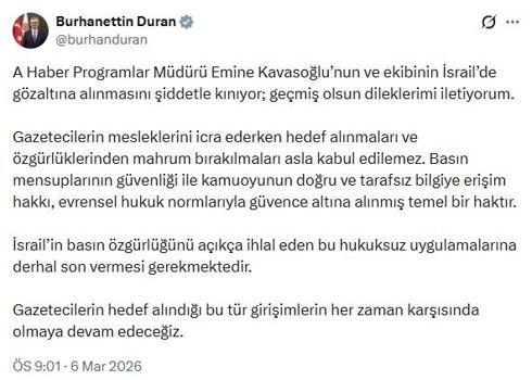 İletişim Başkanı Duran: Emine Kavasoğlu’nun ve ekibinin İsrail’de gözaltına alınmasını kınıyorum