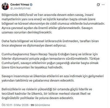 Cevdet Yılmaz: Tarafları biran önce ateşkese ve diplomasiye davet ediyoruz