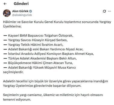 Bakan Gürlek, Yargıtay üyeliğine seçilen 8 ismi açıkladı