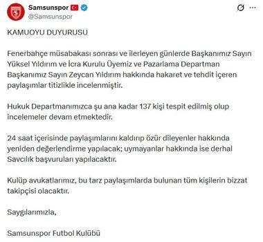 Samsunspor, hakaret ve tehdit paylaşımları için 137 kişi hakkında hukuki işlem başlatacak