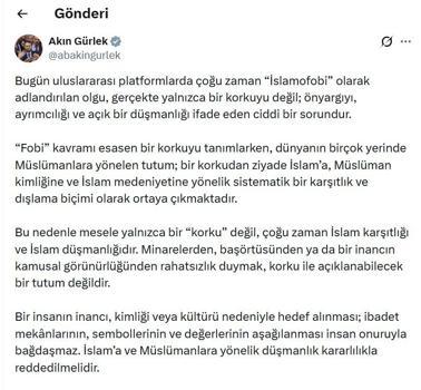 Bakan Gürlek: İslam’a ve Müslümanlara yönelik düşmanlık kararlılıkla reddedilmelidir