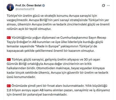 Bakan Bolat: 'Made in Europe' yaklaşımı önemli bir kazanım oldu