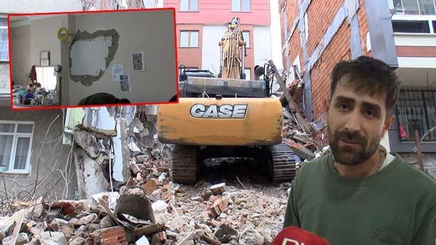 Küçükçekmece'de iş makinesi yıkım sırasında yandaki apartmanın duvarını yıktı: Ev sallanıyor