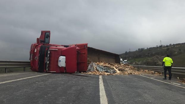 Devrilen ahşap yüklü TIR’ın şoförü yaralandı