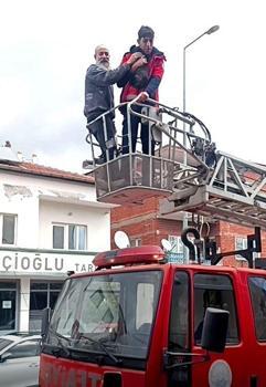 Yeşilhisar’da çatıda mahsur kalan kedi itfaiye ekiplerince kurtarıldı