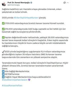 Bakan Memişoğlu: 2025 yılında 7 milyon 700 bin kişiye kanser taraması yapıldı