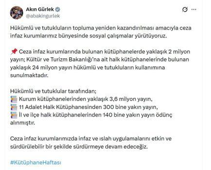 Bakan Gürlek: 24 milyon yayın hükümlü ve tutukluların kullanımına sunuluyor