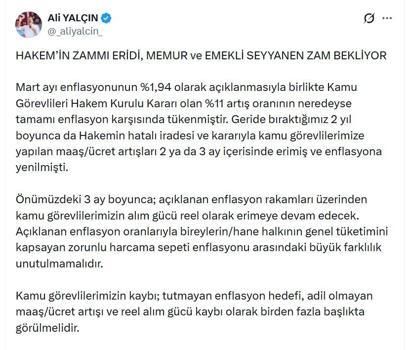 Memur-Sen Genel Başkanı Yalçın: Memur ve emekli seyyanen zam bekliyor