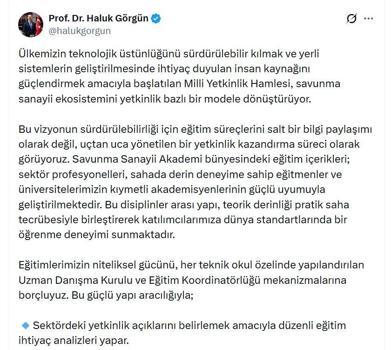 Haluk Görgün'den 'Savunma Sanayii Akademi' paylaşımı