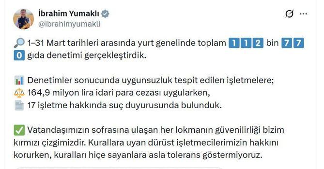 Bakan Yumaklı: Martta 112 bin 770 gıda denetimi gerçekleştirdik