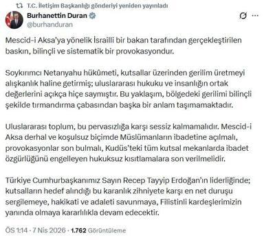 İletişim Başkanı Duran: Mescid-i Aksa’ya yönelik baskın, bilinçli ve sistematik bir provokasyondur