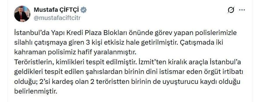 Bakan Çiftçi: Polislerimizle silahlı çatışmaya giren 3 kişi etkisiz hale getirildi