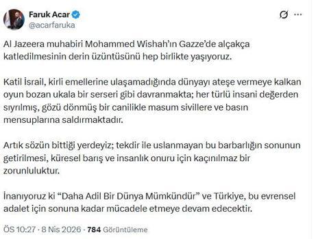 AK Parti’li Acar: Katil İsrail, gözü dönmüş bir canilikle masum sivillere ve basın mensuplarına saldırmaktadır