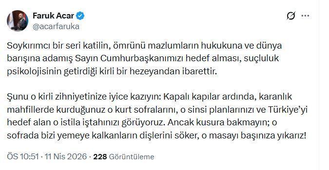 AK Parti'li Acar: Soykırımcı bir seri katilin, Cumhurbaşkanımızı hedef alması kirli bir hezeyandan ibarettir