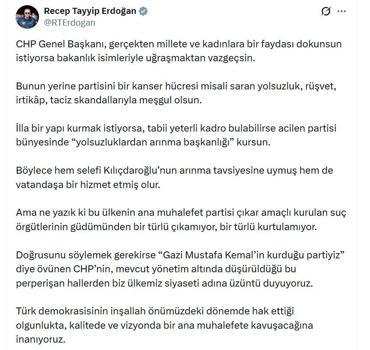 Cumhurbaşkanı Erdoğan: CHP Genel Başkanı yolsuzluk, rüşvet, irtikap, taciz skandallarıyla meşgul olsun