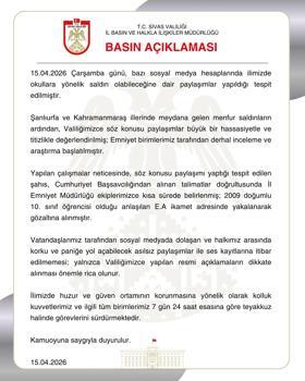 Sivas'ta tehdit paylaşımı yapan bir öğrenci gözaltına alındı