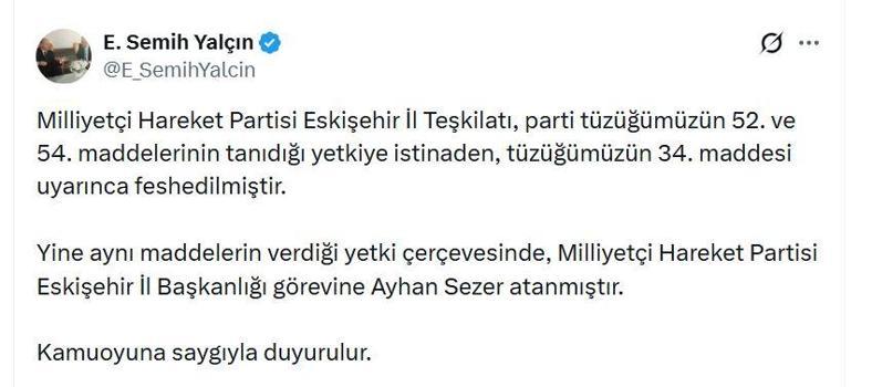 MHP'li Yalçın: Eskişehir İl Teşkilatı feshedildi