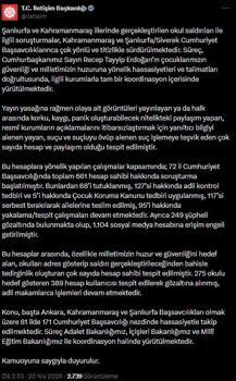 İletişim Başkanlığı: Okullardaki saldırılara ilişkin 661 hesap sahibi hakkında soruşturma başlatıldı