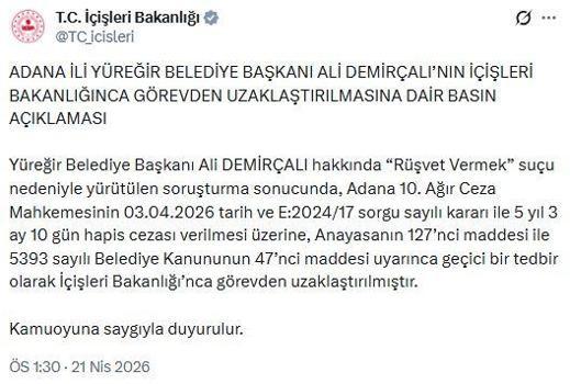 Yüreğir Belediye Başkanı Demirçalı, görevden uzaklaştırıldı