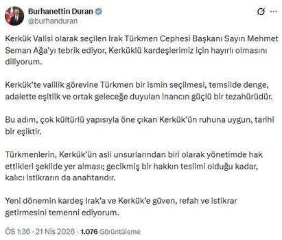 İletişim Başkanı Duran'dan Kerkük Valisi seçilen Mehmet Seman Ağa'ya tebrik