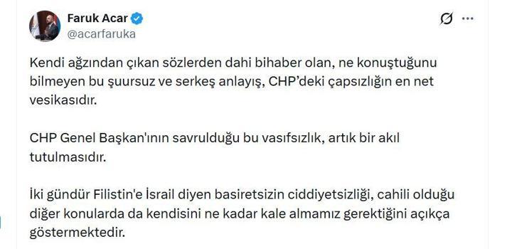 AK Parti'li Acar: CHP Genel Başkanının savrulduğu vasıfsızlık, akıl tutulmasıdır