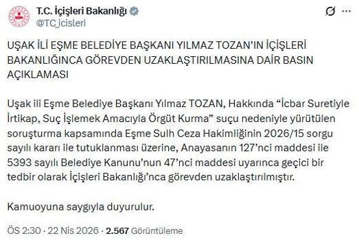 Eşme Belediye Başkanı Tozan görevden uzaklaştırıldı