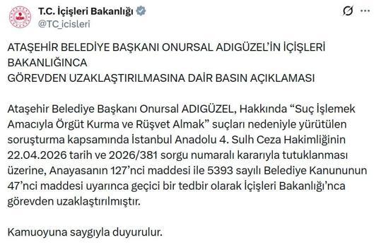 Ataşehir Belediye Başkanı Adıgüzel görevden uzaklaştırıldı