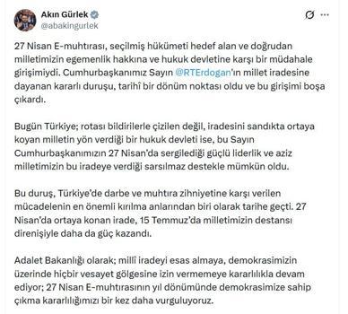 Bakan Gürlek'ten '27 Nisan e-muhtıra' mesajı