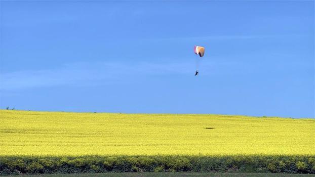 Sarı renge bürünen kanola tarlası üzerinde paramotorla uçtu