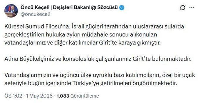 Dışişleri Bakanlığı: Sumud Filosu'nda alıkonulan vatandaşlarımız bugün yurda getirilecek