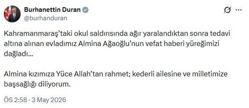 İletişim Başkanı Duran'dan okuldaki saldırının ardından yaşamını yitiren Almina için başsağlığı