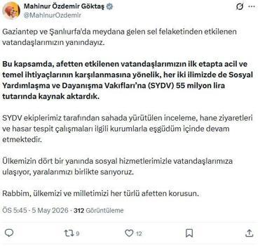 Bakan Göktaş: Gaziantep ve Şanlıurfa'daki sel felaketine ilişkin 55 milyon lira kaynak aktardık