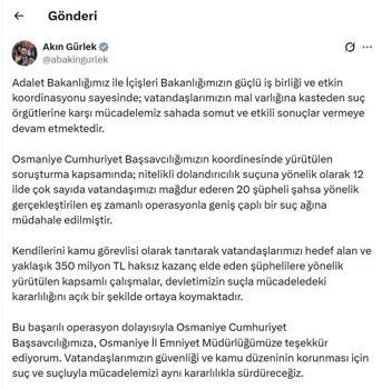 Bakan Gürlek: 12 ilde düzenlenen dolandırıcılık operasyonuyla geniş çaplı suç ağına müdahale edildi