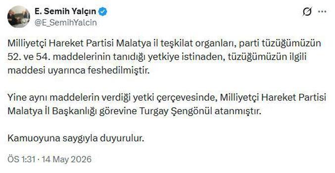 MHP'li Yalçın: MHP Malatya il teşkilatı feshedildi