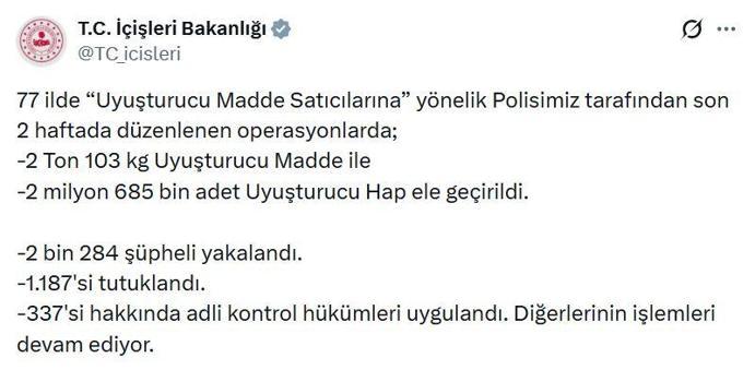 77 ilde uyuşturucu operasyonu: 1187 tutuklama