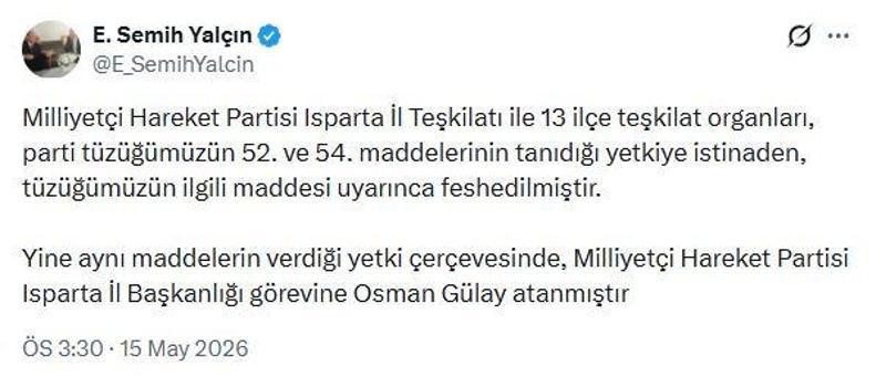 MHP'li Yalçın: Isparta il teşkilatı ile 13 ilçe teşkilatı feshedildi