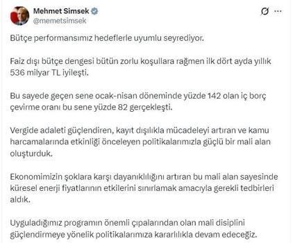 Bakan Şimşek: Bütçe performansımız hedeflerle uyumlu seyrediyor