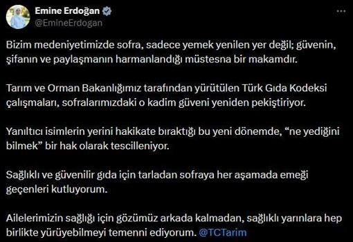 Emine Erdoğan'dan 'Türk Gıda Kodeksi' çalışmalarına ilişkin paylaşım