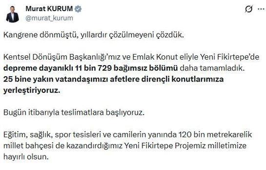Bakan Kurum: Fikirtepe’de 11 bin 729 bağımsız bölümünün teslimatları başlıyor