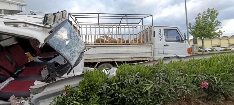 Devrilen kurbanlık yüklü kamyonetin sürücüsü yaralandı