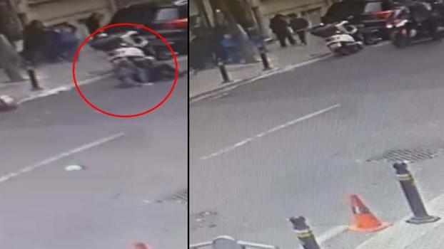 Şişli'de yolun karşısına geçen kişiye motosiklet çarptı; kaza kamerada