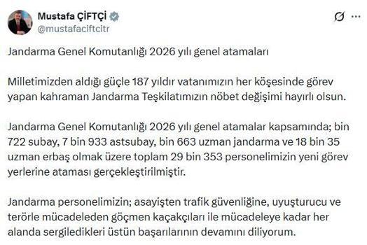 Jandarma Genel Komutanlığı'nda 29 bin 353 personel, yeni görev yerlerine atandı