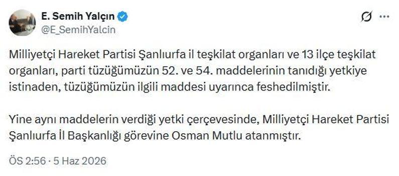 MHP'li Yalçın: Şanlıurfa il teşkilatı feshedildi